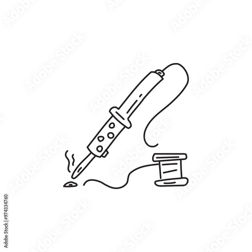Soldering iron with wire and solder spool, hand-drawn outline illustration