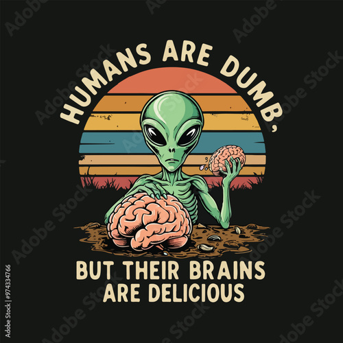 Vector t-shirt design Vintage retro sunset. an alien with a hungry look