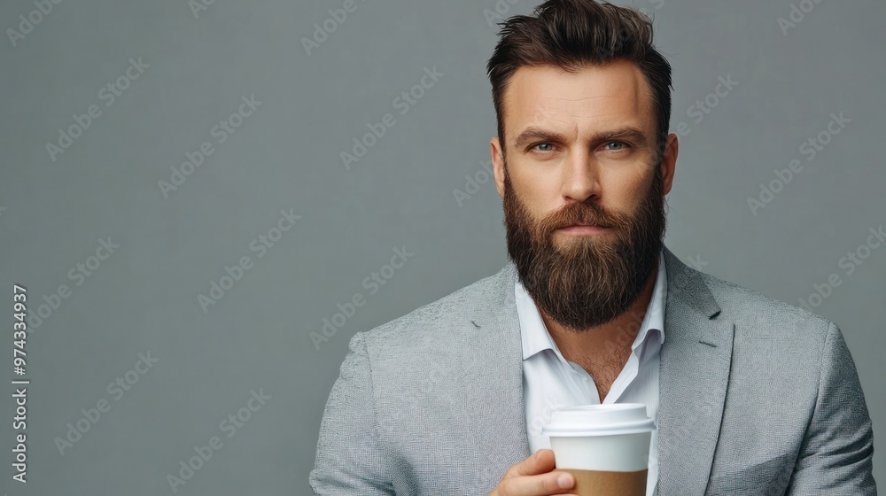 Man with beard, holding a coffee cup, wearing a suit. Man with beard, holding a coffee cup, wearing a suit.
