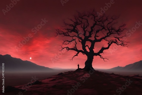 Silhouette of a lone ominous tree against the backdrop of a barren wasteland bathed in the eerie tree, AI Generated