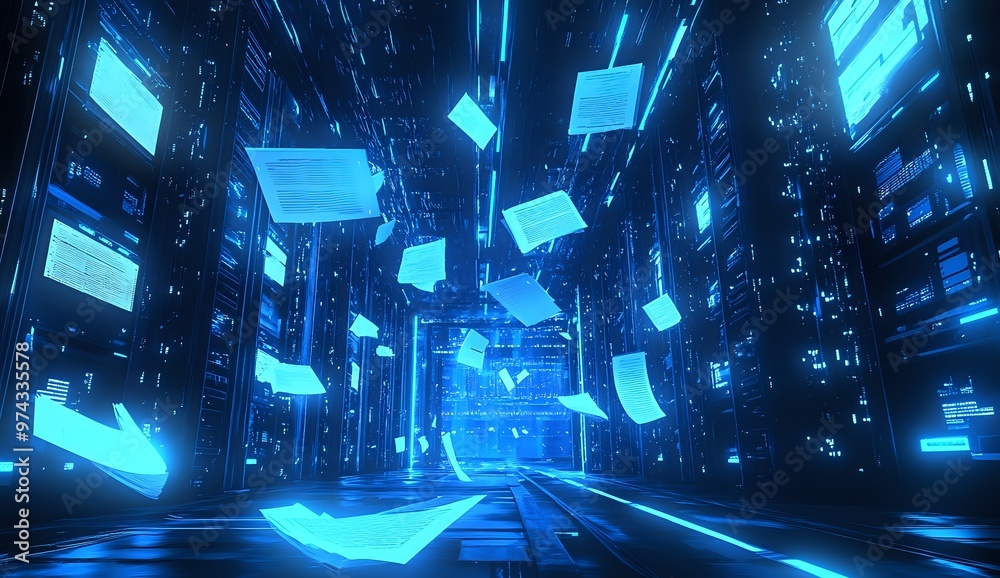 Obraz premium Abstract blue futuristic corridor with glowing documents.