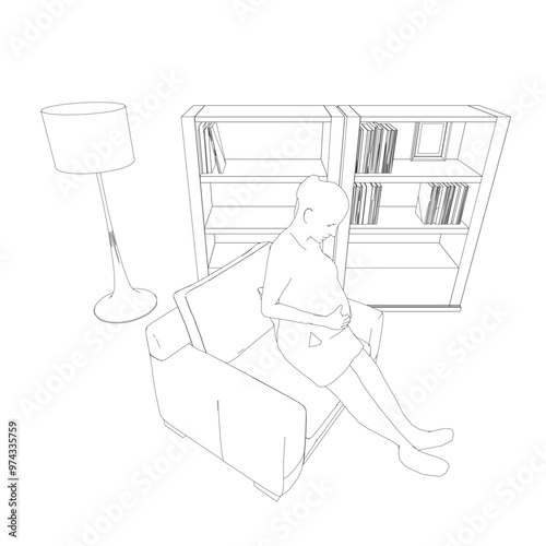 Pregnant woman outline sitting on chair made of black lines isolated on white background. Room with bookcase and chair with pregnant girl. Vector illustration.