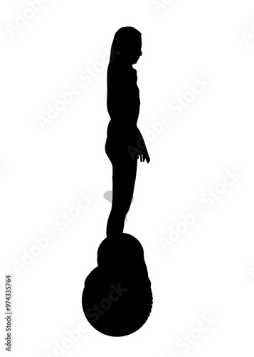 Silhouette of a girl standing on a segway made of black lines isolated on a white background. Girl riding a segway. Side view. Vector illustration.