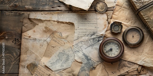 A wooden table with a map, a clock, and other items