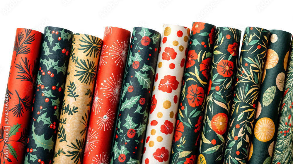 Christmas Wrapping Paper Rolls with Festive Patterns, Isolated on Transparent Background