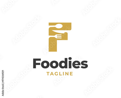 Letter F restaurant logo logo design with fork knife and spoon icon element vector illustration