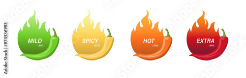 Hot spicy level labels of vector chili. Spicy food or sauce taste scale indicators, green, red, yellow and orange rating signs for hot, extra and mild taste