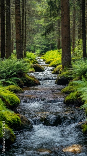 Tranquil Forest Stream - Serene Landscape of Clear Water Among Moss-Covered Rocks, Trees, and Ferns