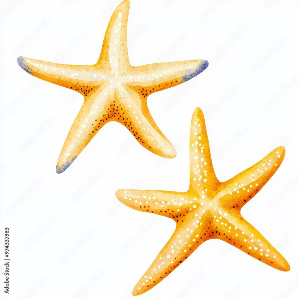 Two yellow starfish on white background Illustration of two yellow starfish on a clean white background, emphasizing beach, summer, and marine life themes