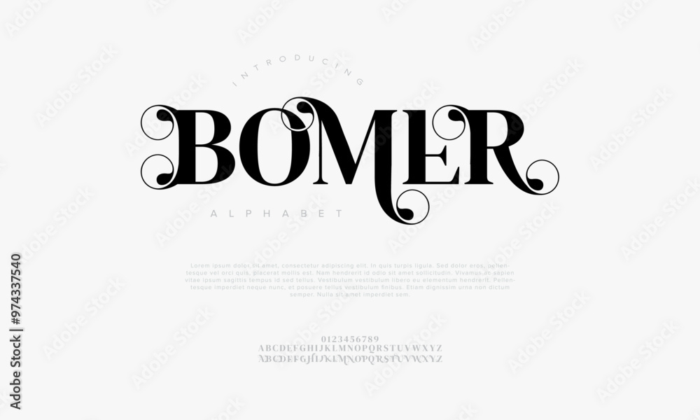 Bomer typography beauty fashion elegant minimalist serif italic fonts decorative wedding vintage retro logos. Minimal luxury font alphabet logo. Vector illustration