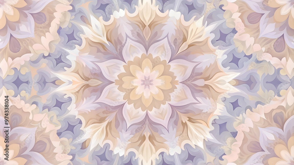 A beautiful pastel kaleidoscopic pattern with floral motifs set against a soft, textured background A beautiful pastel kaleidoscopic pattern with floral motifs set against a soft, textured background