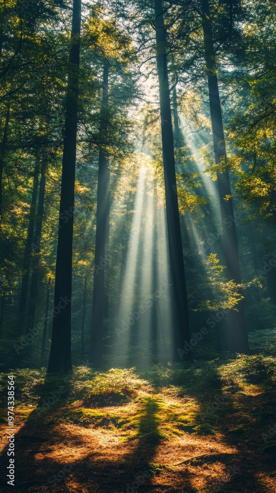 Fototapeta premium Majestic Redwood Forest: Towering Trees, Sunlight Beams, and Shadows on Forest Floor