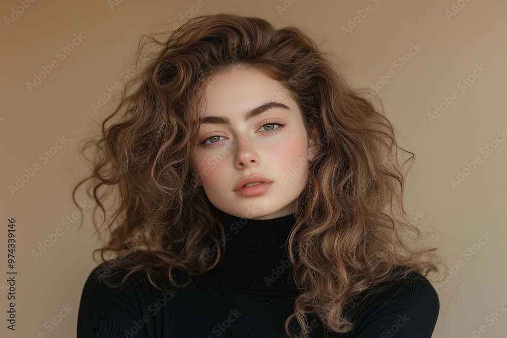 woman with voluminous, flowing curly honey brown hair, wearing a black turtleneck, gazing confidently into the camera against a neutral background