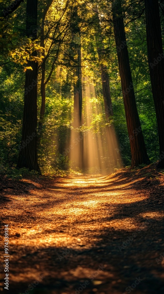 Naklejka premium Majestic Redwood Forest: Sunlight Filtering Through Towering Trees