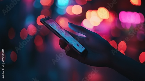 Hand Holding Smartphone With Colorful Bokeh Lights