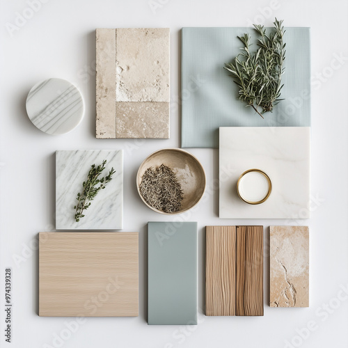 modern minimalist moodboard including: pietra di trani, brass, light blue fabric, mediterranean wood, un rametto di rosmarino. on a neutral white background