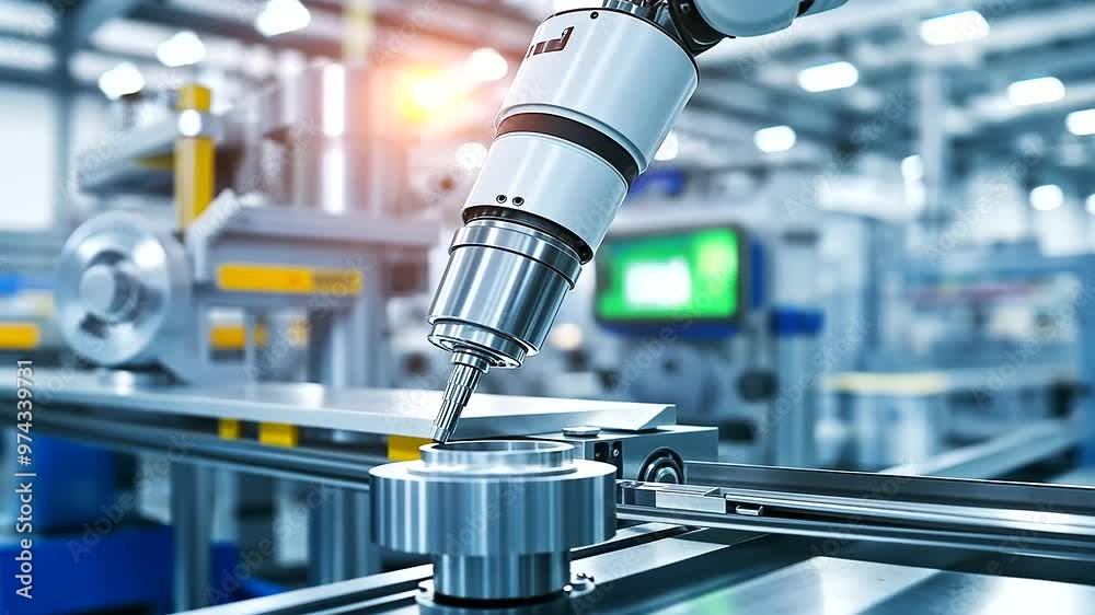 A state-of-the-art robotic arm precisely machining a metal part in a high-tech industrial facility. A state-of-the-art robotic arm precisely machining a metal part in a high-tech industrial facility.