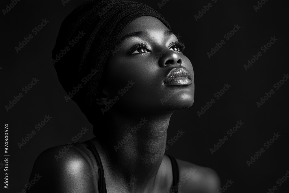 Black and White Portrait of a Woman Looking Up