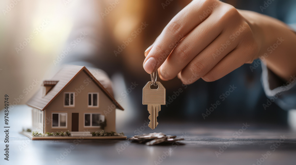 Obraz premium Hand Holding Key Over House Model on Table