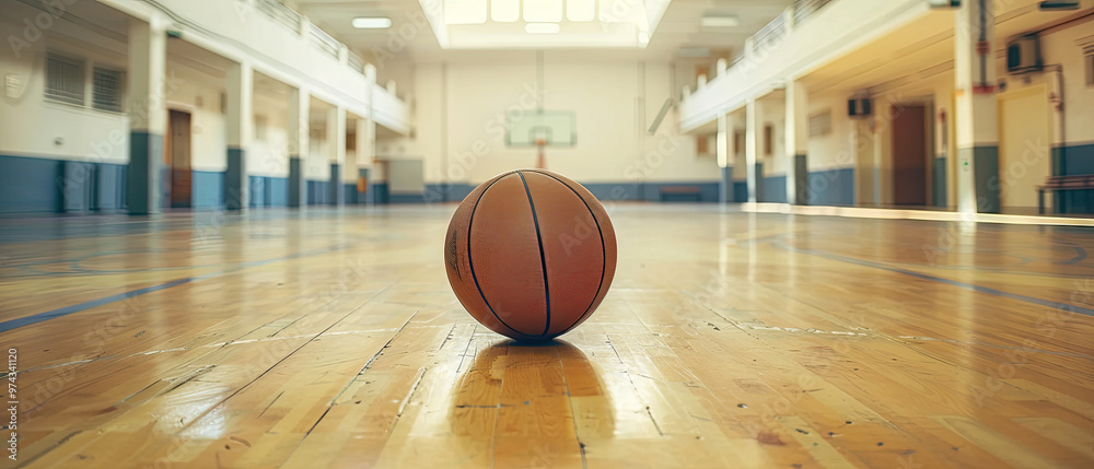 A basketball is sitting on the floor in a gym A basketball is sitting on the floor in a gym