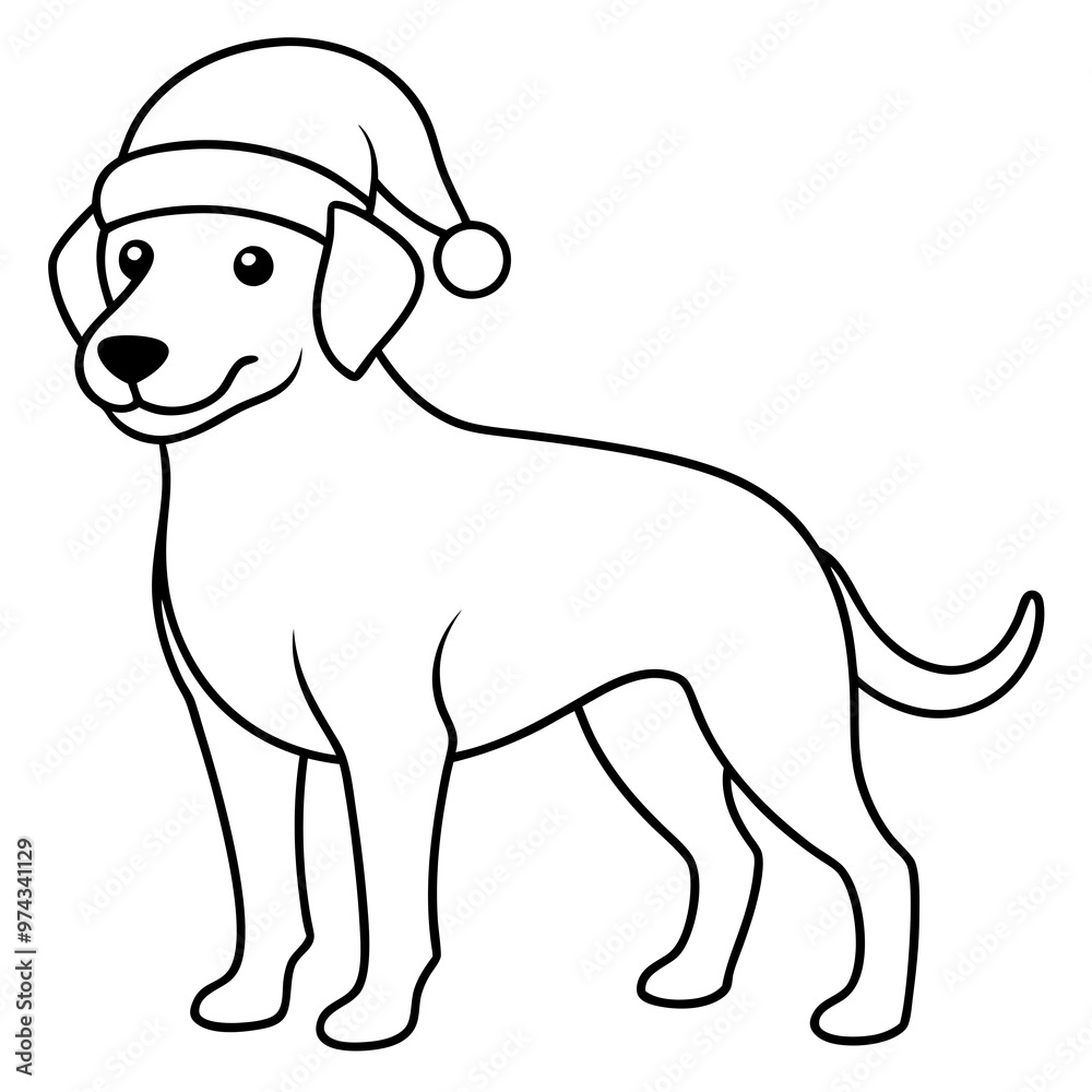 Dog wearing a Santa hat, Christmas themed, outline drawing for coloring Dog wearing a Santa hat, Christmas themed, outline drawing for coloring