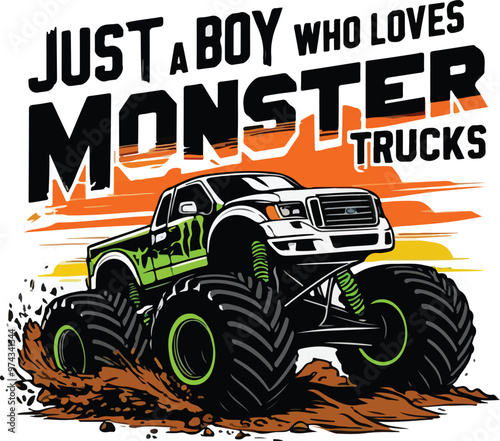 Obraz na płótnie A rugged t-shirt design with the text Just A Boy Who Loves Monster Trucks in large, bold letters w salonie