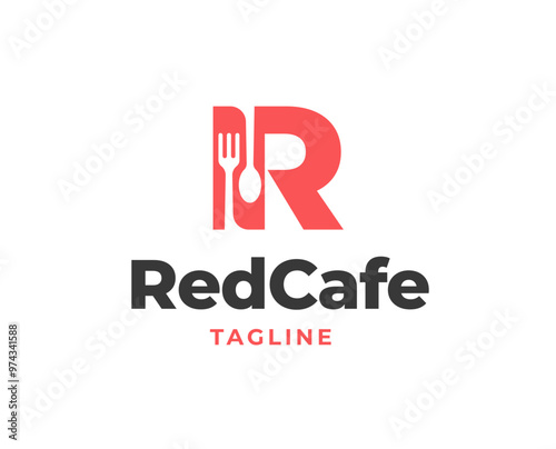 Initial R letter logo with fork and spoon icon for restaurant logo vector illustration