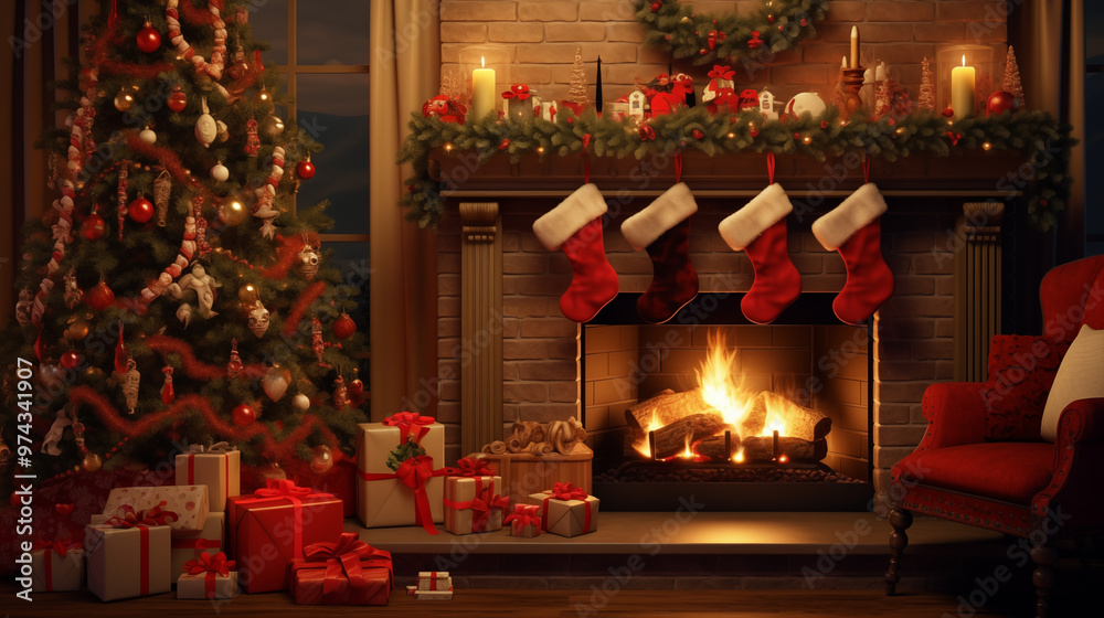 Christmas Fireplace And Stockings With Decorated Tree And Presents Christmas Fireplace And Stockings With Decorated Tree And Presents