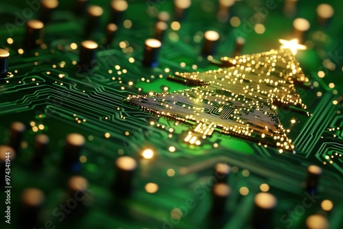 Obraz na płótnie Circuit board with Christmas tree shape and lights