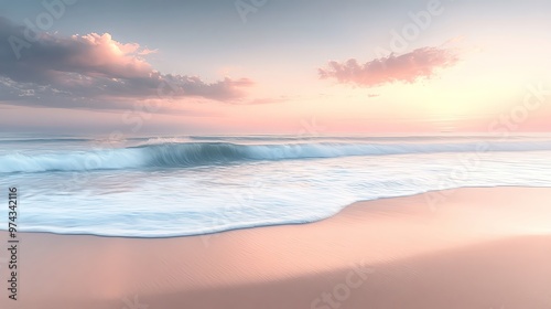 A serene beach scene at sunset, featuring gentle waves lapping the shore, soft pastel colors, and a tranquil atmosphere.