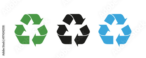 Set of recycle logo sign isolated. Eco symbol black, green and blue color vector illustration