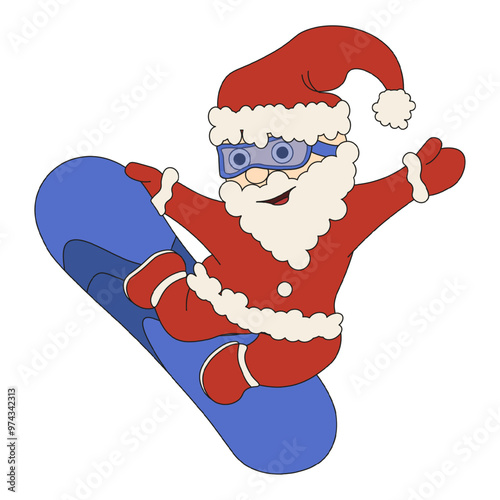Funky santa claus on the snowboard isolated transparent. Template design for Christmas greeting postcard poster banner with Santa character. Vector for winter festive sport activity.