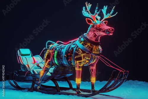 Futuristic neon-lit reindeer pulling sled on snow photo