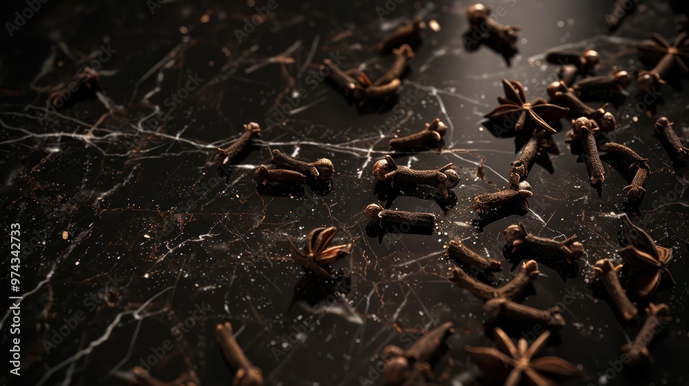 Close-up of Cloves and Star Anise on Black Marble Surface Close-up of Cloves and Star Anise on Black Marble Surface