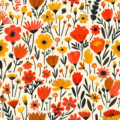 Colorful floral pattern with red, yellow, and orange flowers.