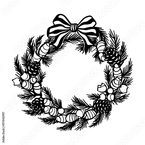 Hand Drawn Retro Vintage Christmas Wreath, in Black and White, Vector Line Art, Illustration, black outline, silhouette, 1950s mid century modern wreath, Bow Wreath