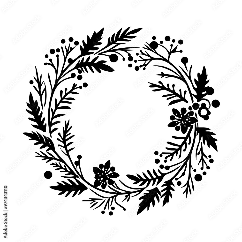 Hand Drawn Retro Vintage Christmas Wreath, in Black and White, Vector ...