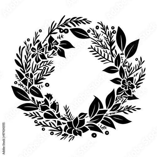 Hand Drawn Retro Vintage Christmas Wreath, in Black and White, Vector Line Art, Illustration, black outline, silhouette, 1950s mid century modern wreath, Bow Wreath