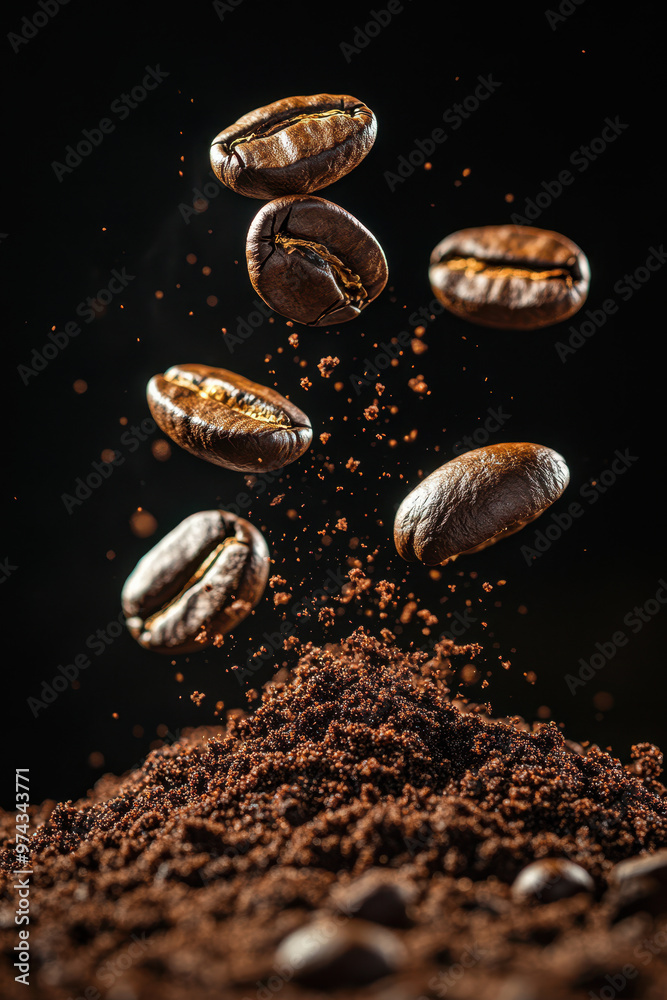 Falling coffee beans on pile of ground coffee, black background, macro photography. Falling coffee beans on pile of ground coffee, black background, macro photography.
