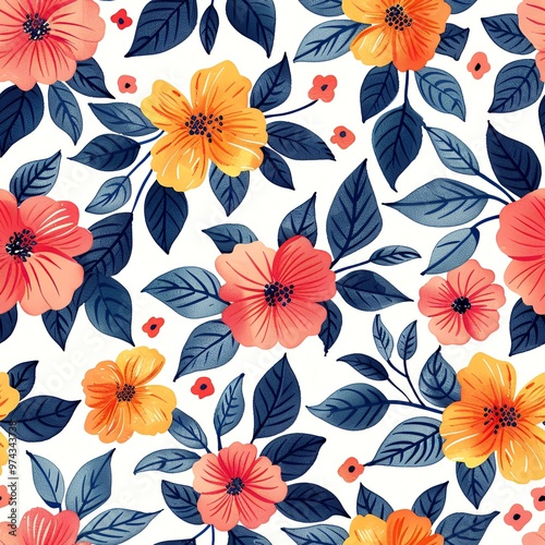 A seamless pattern of colorful floral illustrations.