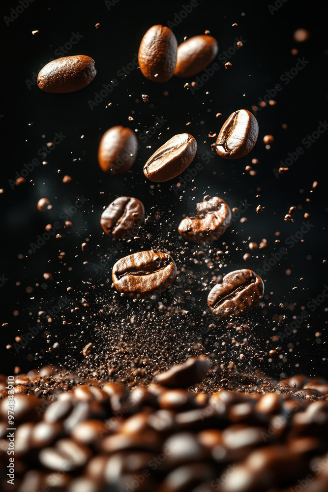 Falling coffee beans on pile of ground coffee, black background, macro photography. Falling coffee beans on pile of ground coffee, black background, macro photography.