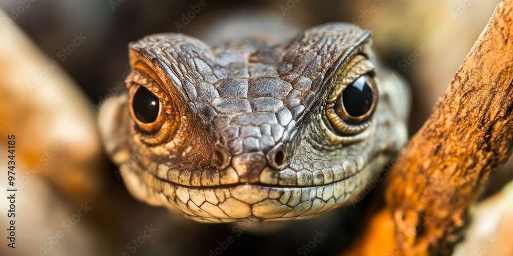 Macro shot of a lizard's face with textured scales and deep black eyes Macro shot of a lizard's face with textured scales and deep black eyes