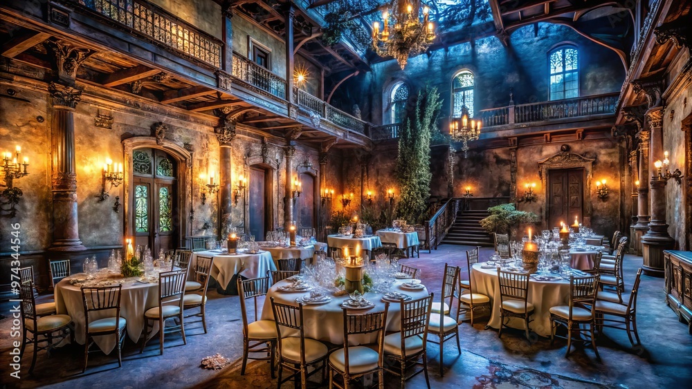 Naklejka premium Haunted mansion wedding reception creepy abandoned architecture