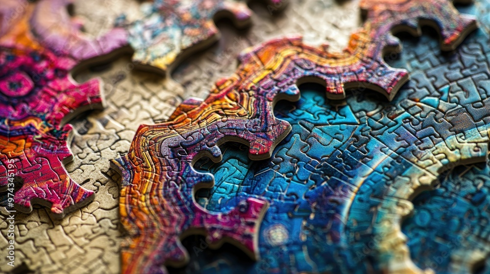 A close-up of intricate jigsaw puzzle pieces with complex patterns and vibrant colors, reflecting precision and attention to detail. A close-up of intricate jigsaw puzzle pieces with complex patterns and vibrant colors, reflecting precision and attention to detail.