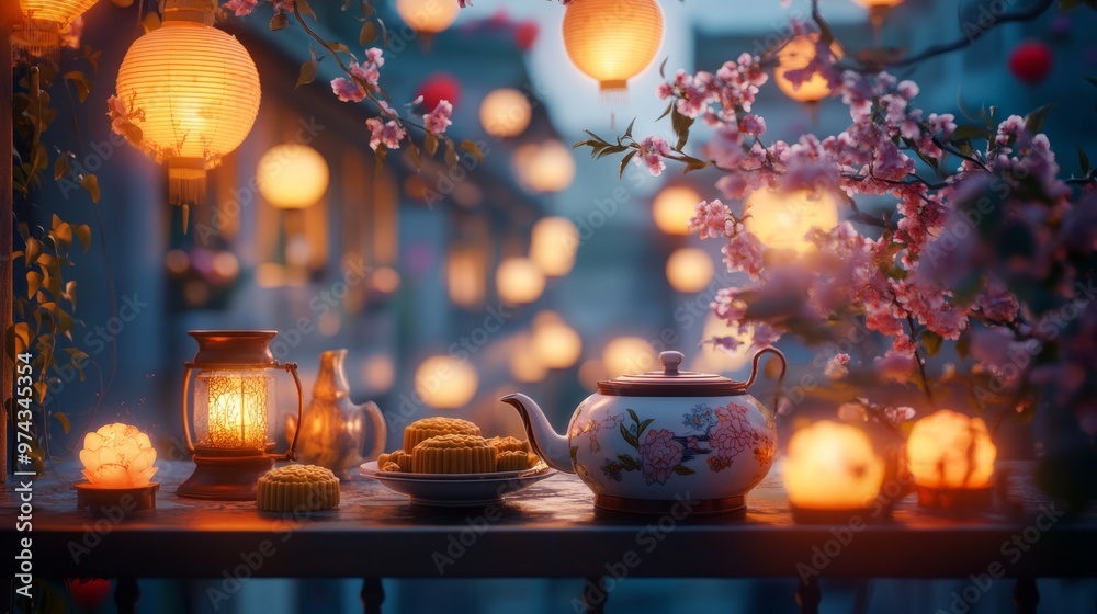 Mid-Autumn Festival Feast: 3D Chinese Tea Set & Mooncakes on a Balconies with Lanterns Mid-Autumn Festival Feast: 3D Chinese Tea Set & Mooncakes on a Balconies with Lanterns