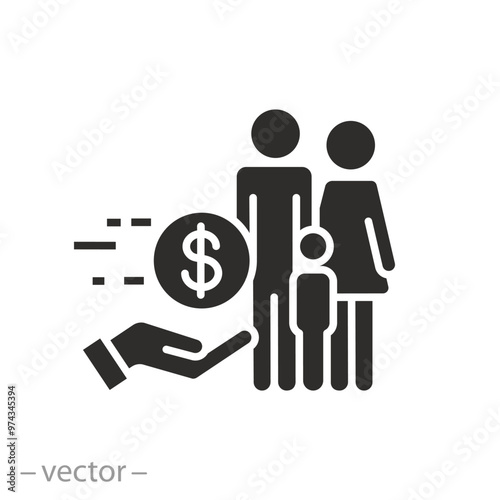 financial assistance family icon, fund child allowance, cash social help, government support wellbeing, care poor, flat vector illustration