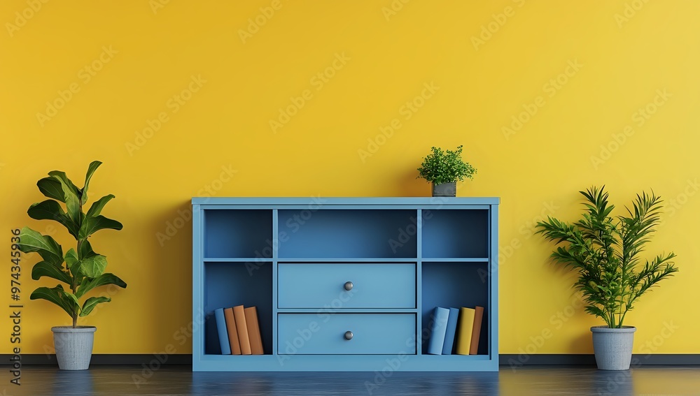 Fototapeta premium Blue shelving unit with two drawers against yellow wall, two plants on either side.