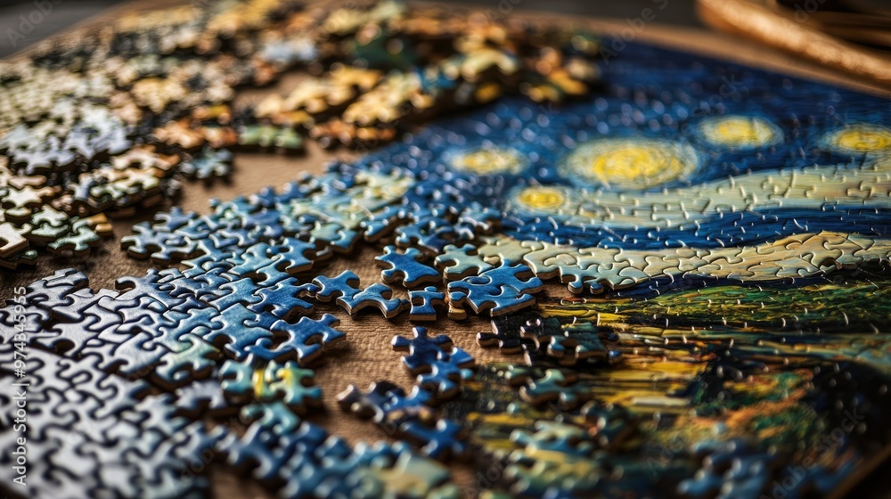 A completed jigsaw puzzle of a famous artwork displayed on a table, surrounded by unassembled pieces. High contrast lighting highlighting the details. A completed jigsaw puzzle of a famous artwork displayed on a table, surrounded by unassembled pieces. High contrast lighting highlighting the details.
