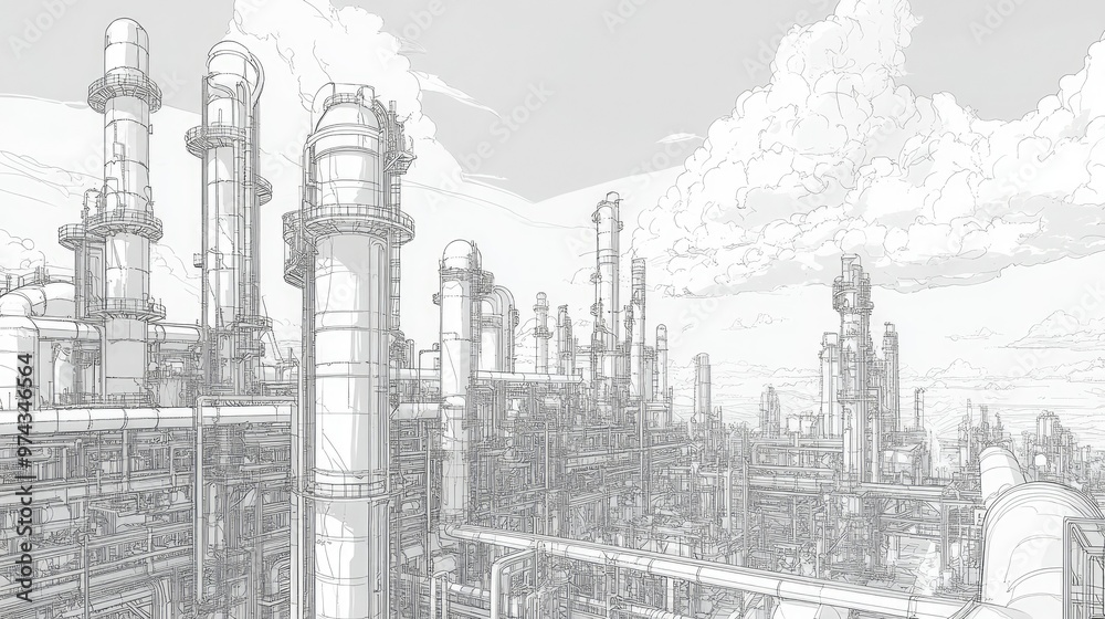 A detailed line drawing of an expansive oil refinery, pipes and tanks dominating the industrial landscape, with a layered sky showing clouds in a separate section. A detailed line drawing of an expansive oil refinery, pipes and tanks dominating the industrial landscape, with a layered sky showing clouds in a separate section.
