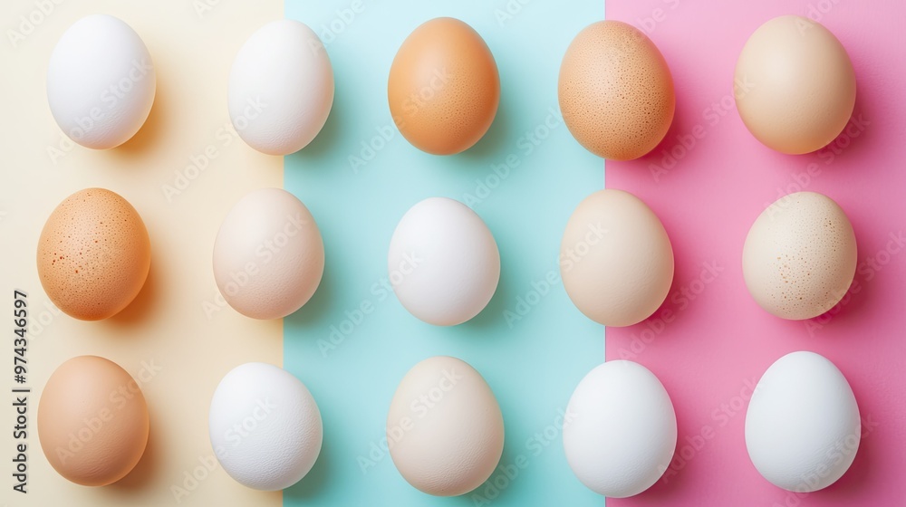 A dozen chicken eggs arranged neatly in a pattern on a vibrant pastel-colored background, showcasing simplicity and balance. Minimalist style. A dozen chicken eggs arranged neatly in a pattern on a vibrant pastel-colored background, showcasing simplicity and balance. Minimalist style.